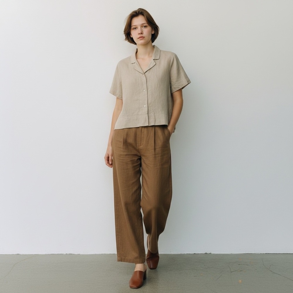 Quince 100% European Linen Shirt Women L Driftwood Beige Relaxed Elegant Trendy